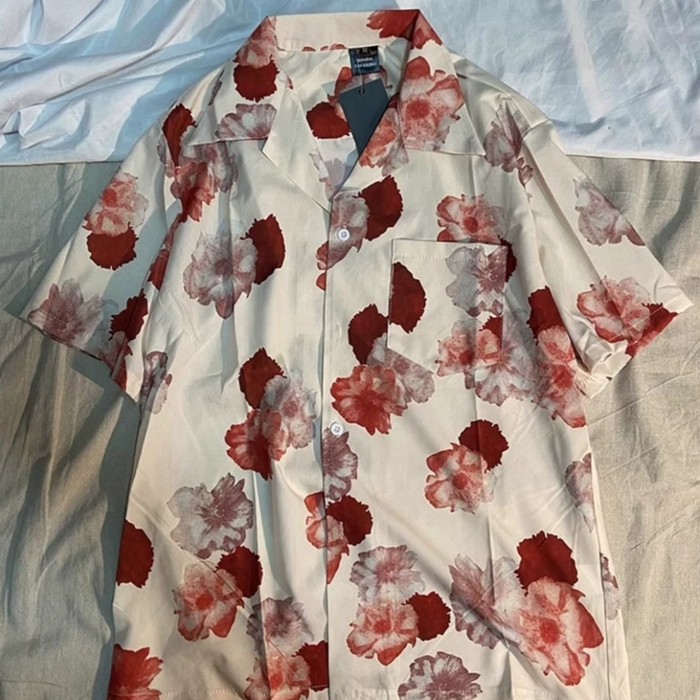 Red Watercolor Floral Camp Shirt